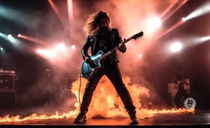 A guitarist plays on stage with flames and smoke surrounding him.