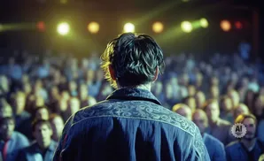 Back view of a person speaking to a blurred audience under stage lights.