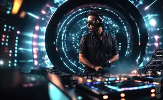 A DJ in sunglasses and headphones at a mixing board, with a glowing circular backdrop.