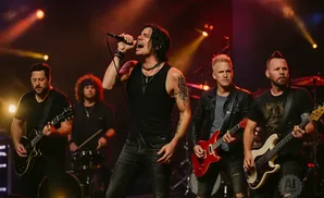 A band performs on stage with a lead singer in a black tank top and jeans singing into a microphone.