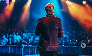 Back view of a man in a velvet suit speaking to a crowd on a brightly lit stage.