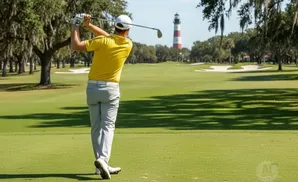 Golfer in yellow shirt and gray pants swings club on a sunny golf course with a lighthouse in the background.