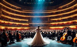 A singer in a white gown faces an orchestra in a grand opera house.