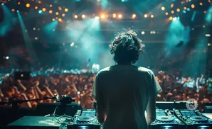 DJ at a concert, back to camera, playing for a cheering crowd under stage lights.