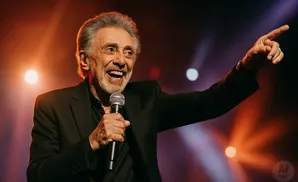 A man with gray hair and a beard, wearing a black suit, holds a microphone and points his finger while on stage.