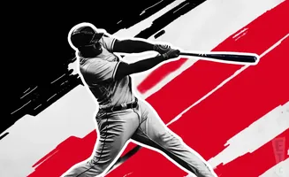 A baseball player swings a bat with a black and red abstract background.