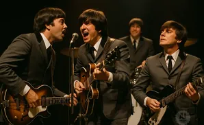 Four men in suits and Beatles-style haircuts play guitars and drums on stage.