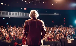 A speaker in a maroon suit addresses a large, blurred audience from a stage.