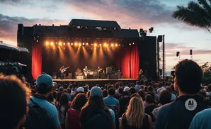 A band plays on a stage with red curtains at sunset, in front of a large crowd.