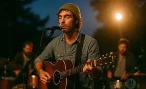 Musician in a beanie and denim shirt plays guitar and sings into a microphone outdoors at night, with a blurred drummer in the background.