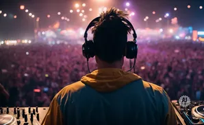 DJ with headphones plays music for a large crowd at a festival.