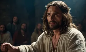 Jesus, wearing a crown of thorns, speaks to a group of men in a dimly lit room.