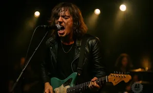 A rock singer with long, dark hair and a black leather jacket sings into a microphone while playing a teal electric guitar.