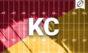 American football field marked with yard lines, split into red and gold halves. A football emblem sits in the upper right corner.