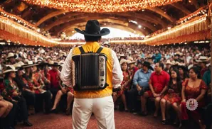 Accordion player in a cowboy hat performs for a large crowd at a festive event.