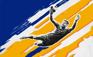 A black and white image of a male soccer goalkeeper catching a ball against a blue and orange abstract background.