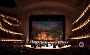 A full shot of a large opera house with a choir on stage and an audience seated in the orchestra and balconies.