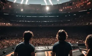 Two DJs stand with their backs to the camera, facing a massive stadium crowd.