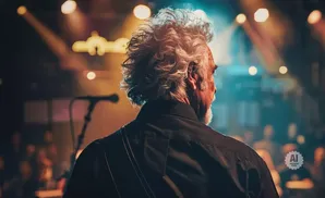 A man with gray, curly hair faces away from the camera on a dimly lit stage, illuminated by stage lights.