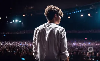 Man in a white shirt on stage facing a cheering crowd at a concert.