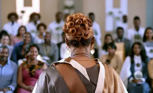 Woman with ornate updo hairstyle and gold earrings faces away from the camera, wearing a sequined top.