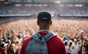 Back view of a man in a red shirt and backpack facing a large, blurred crowd at a stadium.