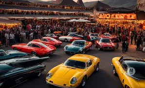 Vintage cars on display at an outdoor event with crowds of people and festive lighting.