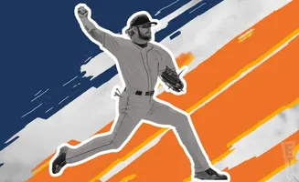 Baseball pitcher in mid-throw, wearing a gray uniform and cap, against a background of blue and orange stripes.