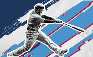A baseball player swings a bat against a dynamic background of blue, white, and red streaks.