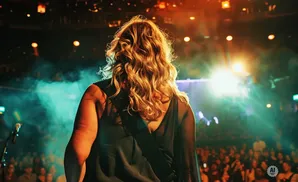 A woman with blonde hair faces a cheering crowd on a stage, bathed in dramatic lighting.