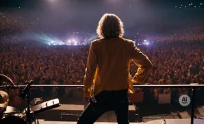 A musician with wavy blonde hair stands on a stage, back to the camera, facing a massive crowd at a concert.