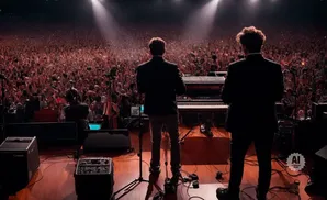 Two musicians stand on stage before a large, cheering crowd, facing a piano and band equipment.