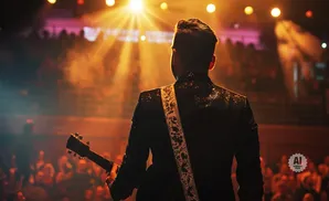 Musician in a sparkling jacket plays guitar on stage, bathed in spotlight, facing a cheering crowd.