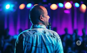 A man in a patterned shirt holds a microphone on a stage with purple and blue lights.