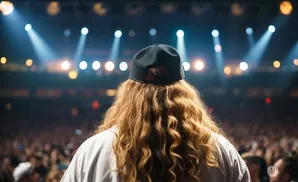 A person with long, wavy blonde hair and a black baseball cap faces away from the camera on a dimly lit stage, with a blurred audience in the background.