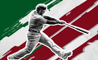 A baseball player swings a bat against a background with diagonal red and green brush strokes.