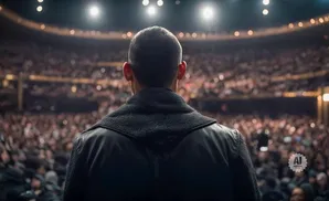 Man facing a large, blurred audience in a stadium, illuminated by overhead lights.