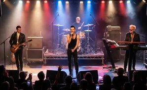 Band performing live music on stage with singer, guitarist, keyboardist, and drummer.