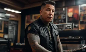 A man with tattoos and a leather vest, holding a guitar.