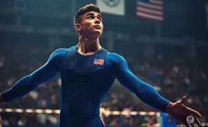 Male gymnast in a blue leotard with the US flag on his chest, with arms outstretched in a stadium.
