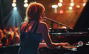 A woman plays piano and sings into a microphone on a stage with a spotlight and audience.