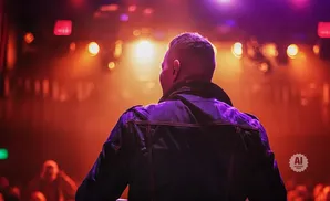 A man in a denim jacket stands with his back to the camera on a stage, bathed in red and purple stage lights.