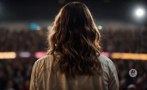 Back view of a person with wavy brown hair speaking to a large, blurry audience in a concert hall.