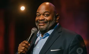 A bald Black man in a suit and blue shirt smiles while holding a microphone.