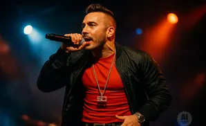 Rapper with mohawk and red shirt wearing a silver chain and jacket, singing into a microphone on stage.