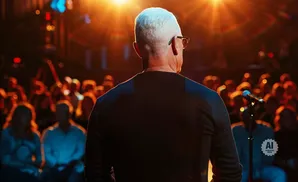 Man with white hair and glasses on stage addresses an audience in a dimly lit venue with warm lighting.