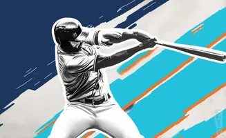 A black and white illustration of a baseball player swinging a bat against a vibrant blue and orange background.
