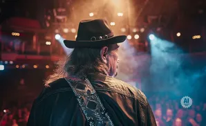 Musician in a black hat and leather jacket on stage with dramatic lighting and smoke.