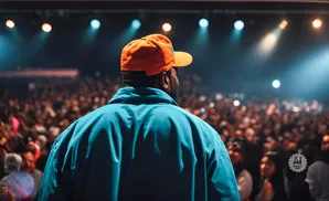 Man in orange hat and teal jacket facing a large, blurred crowd at a concert.