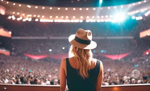 A woman in a hat facing a large, lit-up crowd at a concert.